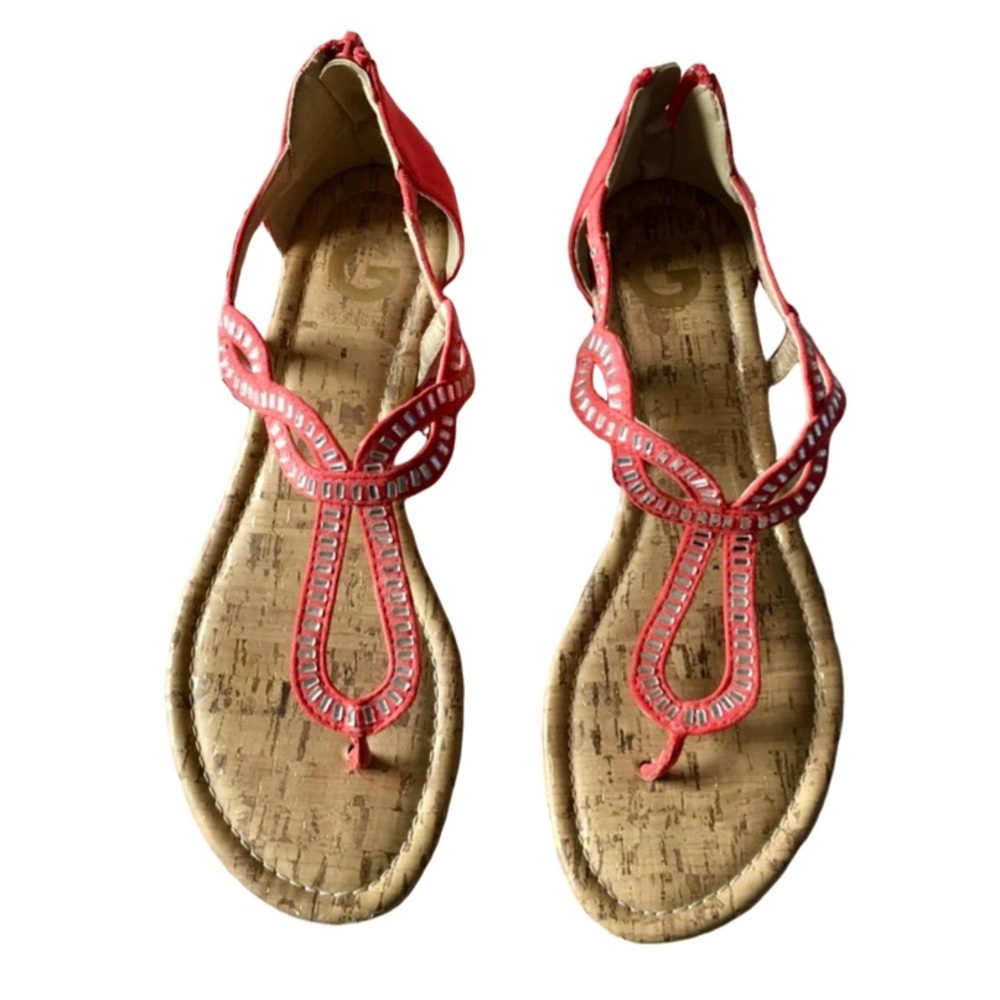 G by Guess GGJohnny2 Coral Rhinestone T Strap Sandals Womens Size 8.5